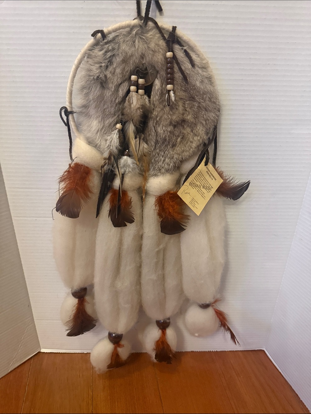Vintage 1980s Chico Arts Indian Handmade Mandella Shield 8”x24” Fur Wool